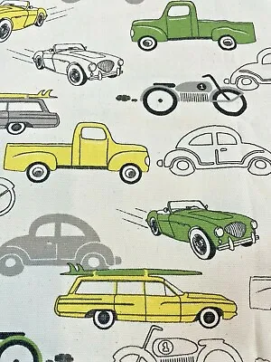 Vintage Fabric Kids Cars Truck Motorcycles Transportation Green Yellow 65x45 • $20