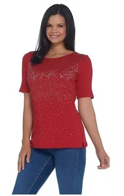 Quacker Factory Red Elbow-Sleeve Metallic Sequin Scoop Neck Rib Knit Top New • $22.95