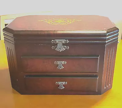 Vtg Large Mahogany 2-Drawer Jewelry Box Pewter Pull Handles Red Velvet Lined • $48.99