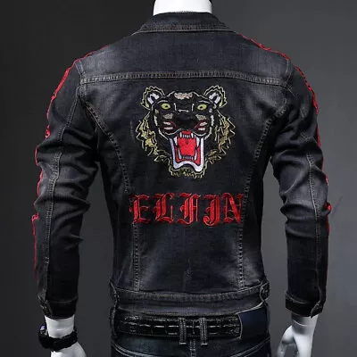New Denim Luxury Fashion Tiger Eagle Embroidery Button Up Men Black Jacket • $69.88
