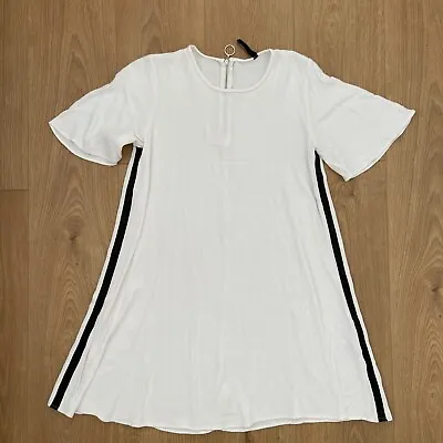 ZARA TRF Ivory White Tunic Short Dress With Black Sateen Strip On Side UK S • £7