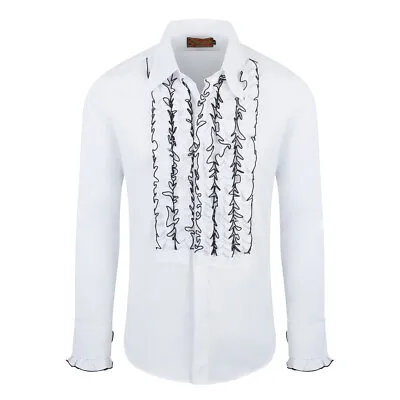 Chenaski White/Black Ruffle Ruche Frill Dinner Tuxedo Retro 70s Shirt • $55.89