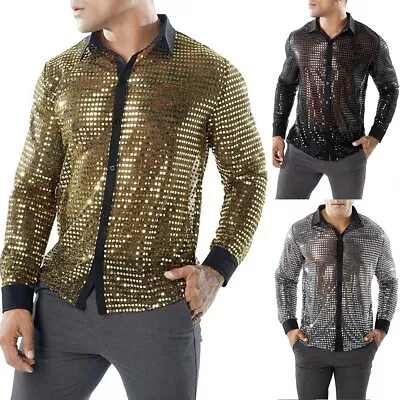 Men Sparkle Sequined Party Dance Shirts Retro Disco Nightclub Shirt Perform Tops • £11.29