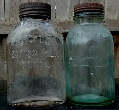 RARE 1890s FOOD JARS CROFT'S SWISS MILK COCOA MELLINS FOOD CO. AQUA BLUE BOTTLE • $50