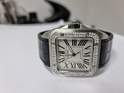 £3900 • Buy Cartier Santos 100 Diamond Bezel Mid Size Stainless Steel Wristwatch 2878 