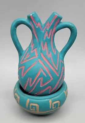 Vintage Miniature Southwest Pottery Hand Made Painted Teal Vase With Bowl • $39.99