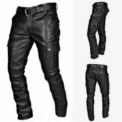 Men Solid Punk Leather Slim Trousers Retro Goth Casual Long Pants Party Club • $35.38