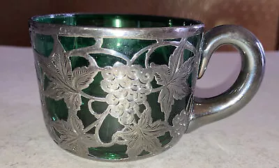 Rare Antique Alvin Sterling Silver Overlay Grapes Vines Green Glass Cup • $59.99