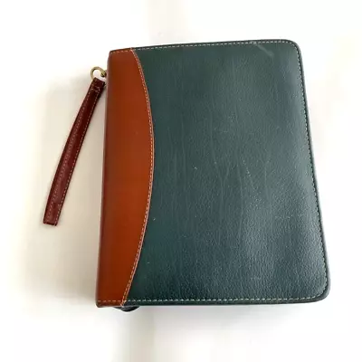 Vintage Franklin Quest 7 Ring Leather Zip Binder Planner Cover Green Brown USA • $99.88