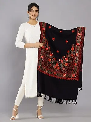 Black Indian Wool Shawl Embroidered Red Green Flowers & Pink Vine Pashmina Ari • $40.49