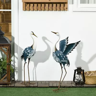 Outsunny 2PCs Heron Garden Statues Metal Yard Art Bird Sculptures Blue • $69.99