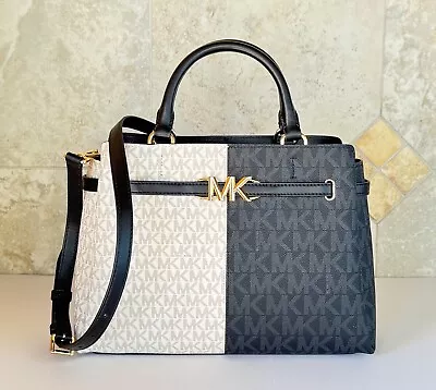 Michael Kors Reed Large Belted Satchel Shoulder Bag Color-block Mk Vanilla/black • $179.80