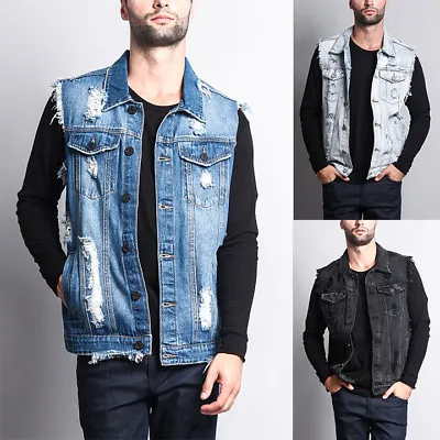 Victorious Men's Washes Distressed Denim Vest Sleeveless Jacket S~5XL -DK101 • $37.95