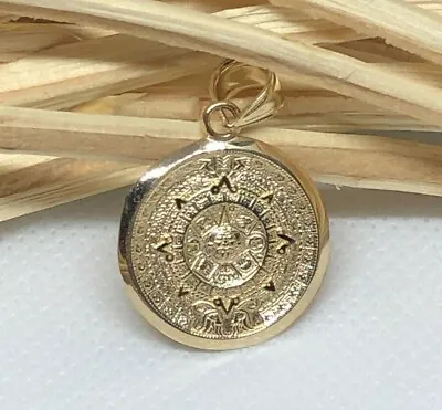 $163.98 • Buy GOLD Aztec 14K Pendant SOLID REAL Mayan Sun Calendar Azteca Necklace Mexic Small