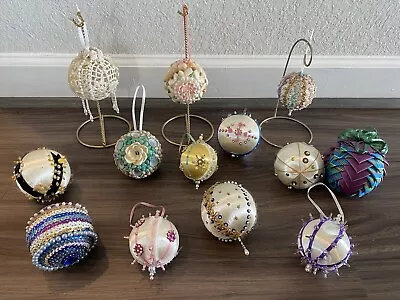 Lot Of 13 Vintage Beaded Sequin Shell Push Pin Christmas Ornaments ~ Handmade • $55