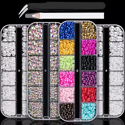 4 Boxes Flat Back Rhinestone&Pearls Kits Flatback Round Glass Crystal AB Gems+Co • $19.99