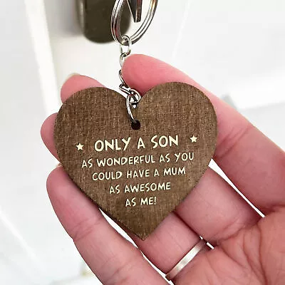 Son Gifts From Mum Novelty Wood Engraved Keyring Funny Birthday Gift For Son • £3.49