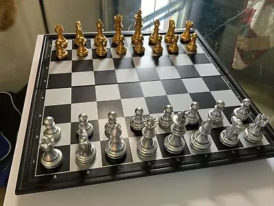 Magnetic Travel Chess Set With Folding Chess Board - Gold And Silver Pieces • $10.44