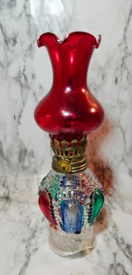 $16 • Buy  Vintage GLASS OIL LAMP Small Hong Kong Zipper Pull Pattern Red Green Clear 8 