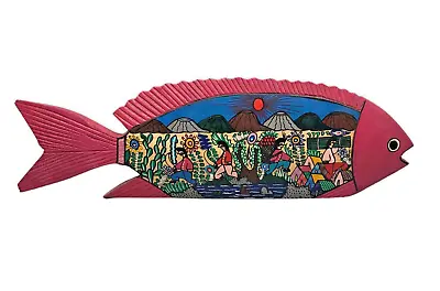 Vintage Oaxaca Mexican FOLK ART Hand Carved Painted  15  Wood Red FISH Signed • $35