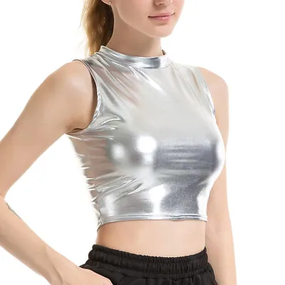 £6.99 • Buy Womens Shiny Wet Look Sleeveless Tank Crop Tops Party Dance Clubwear Vest Blouse