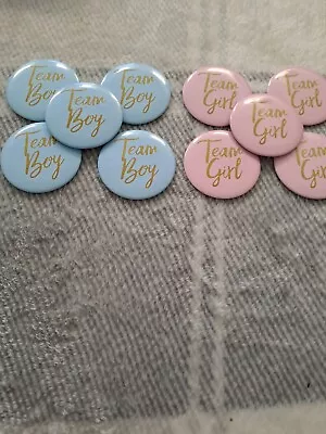 New 10 X Gender Reveal Badges 5 Team Boy 5 Team Girl Baby Shower • £4.55