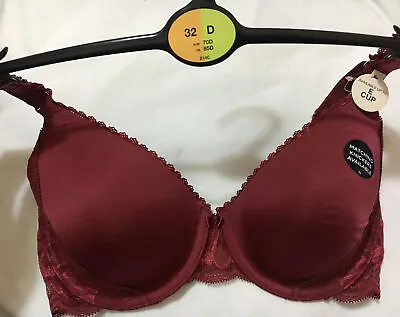 M&S Perfect Fit Memory Foam Full Cup T Shirt Bra DARK RED Size 32D • £10.99