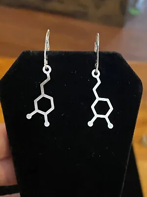 Dopamine Molecule Structure Sterling Silver Dangle Earring 1.5” Hinged Leverback • $15