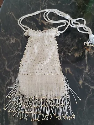 VTG Ivory Drawstring Gold Beaded/Laced Evening Purse • $20