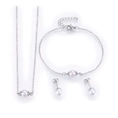 Stainless Steel Set Pendant Necklace Stud Earrings Bracelet Silver 16.5  Z754 • $8.99