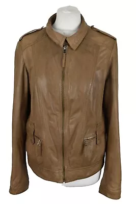 MASSIMO DUTTI Brown Leather Jacket Size L Womens 34 Full Zip Collared • £38.85