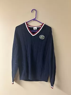 Lacoste Mens Tennis Sweater V Neck Cable Knit Navy Blue Logo Jumper 4/Medium • $35