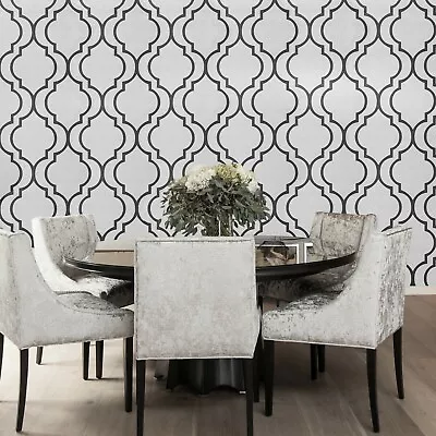 Marrakesh Black White Faux Mica Textured Geometric Morocco Trellis Wallpaper 3D • $4.03