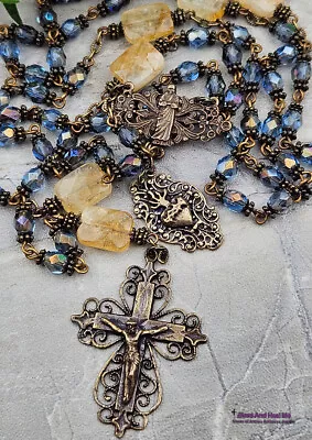 Mother Teresa Sacred Heart Czech Glass Citrine Vintage Bronze Ornate Rosary • $146