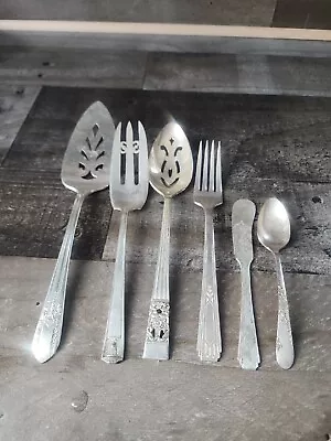 Vintage Silverware Silver Plate 6 Pc Lot Serving Spoons Meat Fork Butter Knife • $14.34