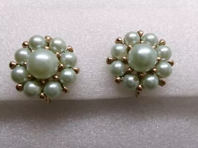 Marvella Earrings Faux Pale Blue Pearls Cluster  Huggie Gold Tone Vintage Clip • $8.99