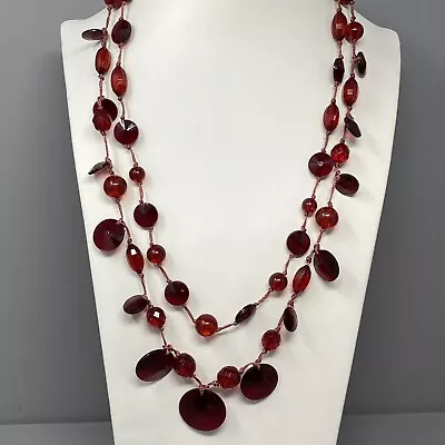 £24.22 • Buy Vintage Joan Rivers Necklace Burgundy Red Bead Disc Acrylic Fringe Multi Strand