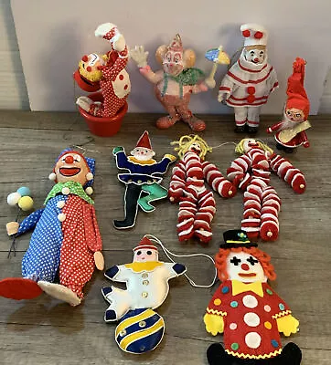 Vintage Clown Christmas Ornaments Lot 10 Handmade Felt Wood Rubber & Bisque • $32.99