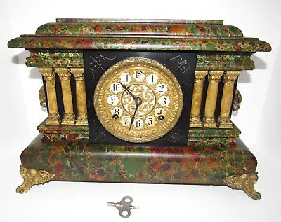 Antique Sessions Faux Marble Adamantine Mantel Clock 8-Day Time/Strike • $300
