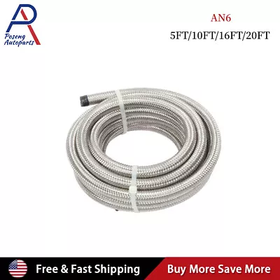 6AN 3/8  Fuel Line Hose Braided Stainless Steel Oil Gas CPE Silver 5FT/10FT/20FT • $14.79