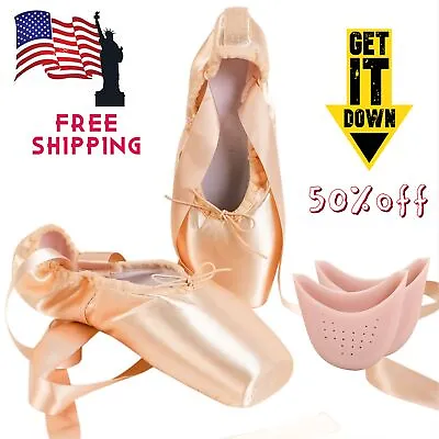 Rose Gold Ballet Pointe Shoes With Ribbons And Toe Pads For Girls And Women • $23.59