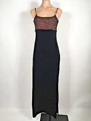Vintage Pulse Y2K Maxi Dress Red Black Floral Lace Velvet Goth Slit Evening L • $60