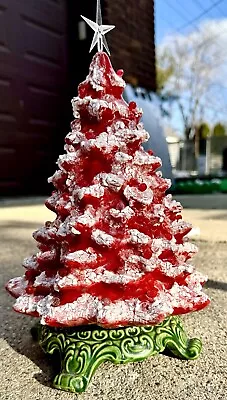 Ceramic Tree Nowell Red Glazed Tree Flocked With Snow Vintage Mold Green Base • $35