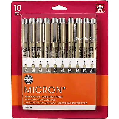 Sakura Pigma Micron Pen Set Light And Cool Gray Black Sizes 01 05 08 10 50146 • $16.49