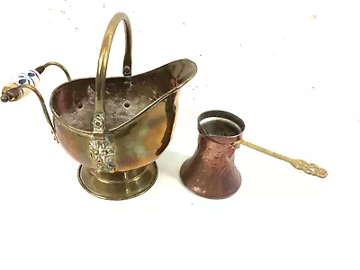 Vintage Dutch Copper Coal Scuttle Planter & Mostar Copper & Brass Ladle Dipper • £12.99