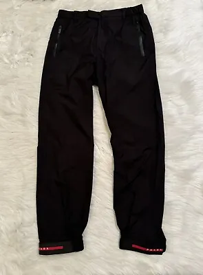 Prada Linea Rossa Nylon Gabardine Pants Ankle Strap Cuff Triangle Black Red 48 • $490.36