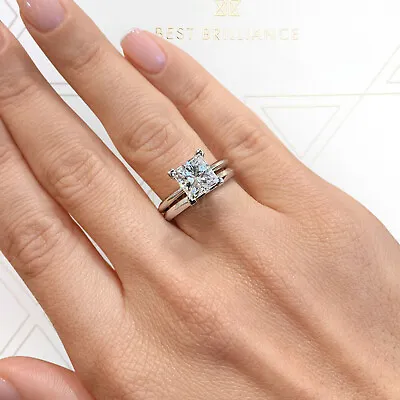 £7516.82 • Buy 2 Ct Natural Princess Cut Diamond Solitaire Matching Wedding Band 14K White Gold