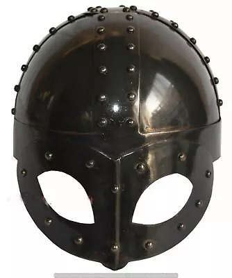 Deluxe Viking Mask Black Antique Finish Medieval Helmet + Liner Ancient Helmet • £59.99