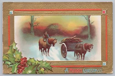 Holiday~Christmas~Man On Horseback With Wood Loaded Cart~Vintage Postcard • $2.80