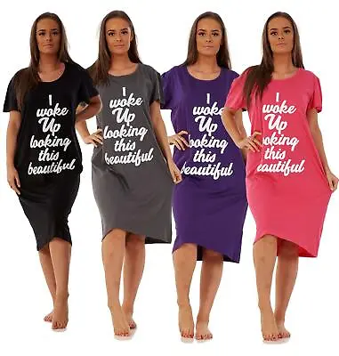 Ladies Nightdress Round Neck Printed Words Short Sleeve Nightie Nightshirt M-XXL • £9.95